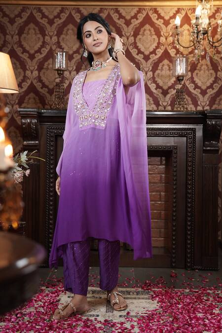 Shop_Surabhi Arya_Purple Georgette, Chanderi Sequins, Beads, Ombre Floral Vine Kaftan Pant Set _Online_at_Aza_Fashions