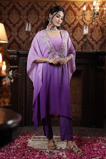 Surabhi Arya_Purple Georgette, Chanderi Sequins, Beads, Ombre Floral Vine Kaftan Pant Set _at_Aza_Fashions