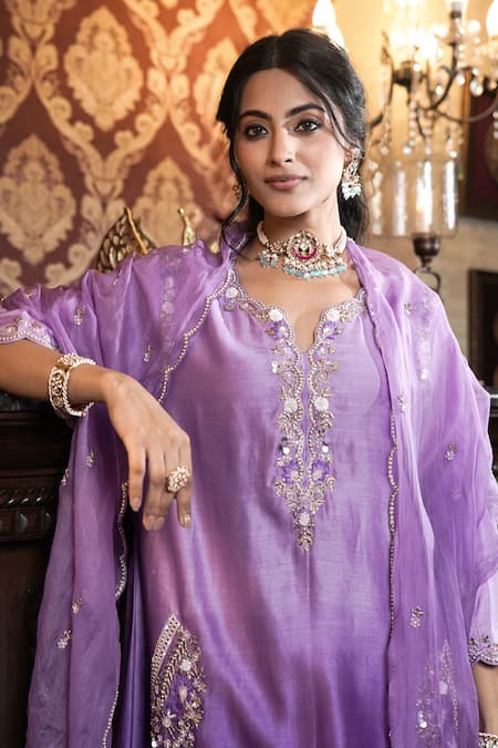 Surabhi Arya_Purple Chanderi Silk, Organza Pearls, Floral Jaal Embroidered Kurta Pant Set _Online_at_Aza_Fashions