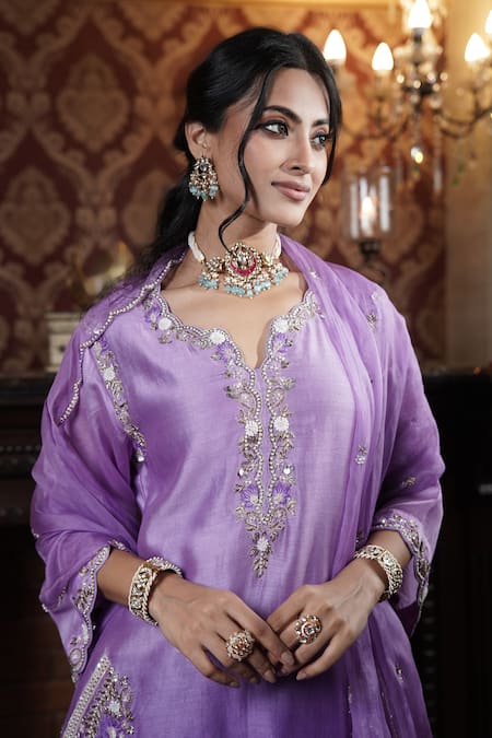 Buy_Surabhi Arya_Purple Chanderi Silk, Organza Pearls, Floral Jaal Embroidered Kurta Pant Set _Online_at_Aza_Fashions
