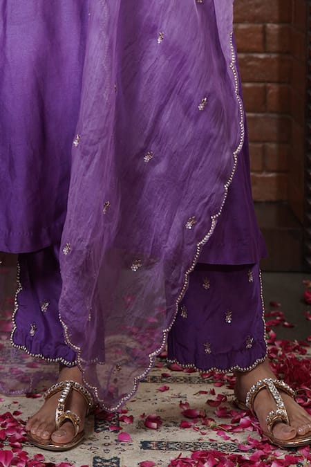 Shop_Surabhi Arya_Purple Chanderi Silk, Organza Pearls, Floral Jaal Embroidered Kurta Pant Set _Online_at_Aza_Fashions