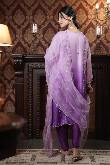 Shop_Surabhi Arya_Purple Organza, Modal, Satin Sequins, Beads, Floral Jaal Kurta Dhoti Pant Set _at_Aza_Fashions