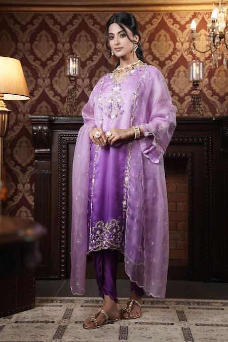 Surabhi Arya_Purple Organza, Modal, Satin Sequins, Beads, Floral Jaal Kurta Dhoti Pant Set _Online_at_Aza_Fashions