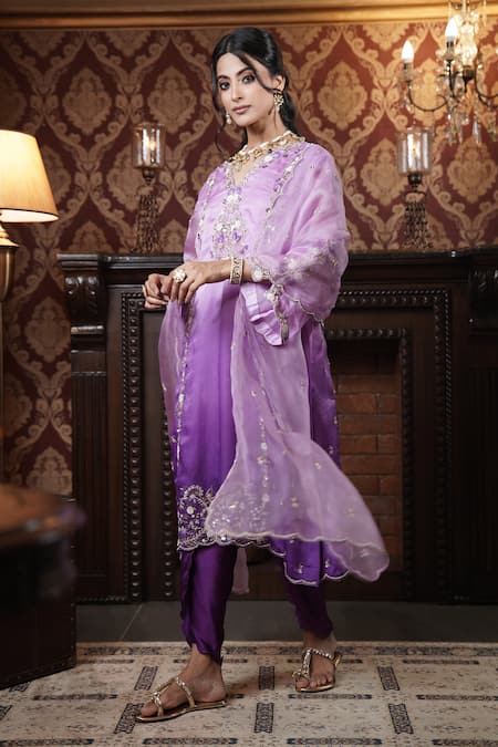 Buy_Surabhi Arya_Purple Organza, Modal, Satin Sequins, Beads, Floral Jaal Kurta Dhoti Pant Set _Online_at_Aza_Fashions