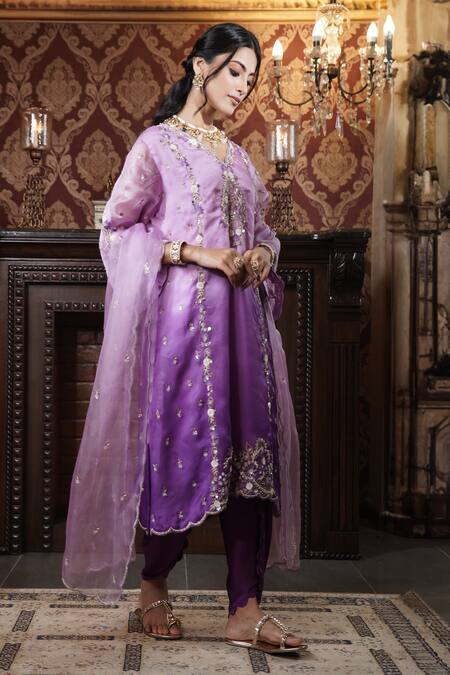 Surabhi Arya_Purple Organza, Modal, Satin Sequins, Beads, Floral Jaal Kurta Dhoti Pant Set _at_Aza_Fashions