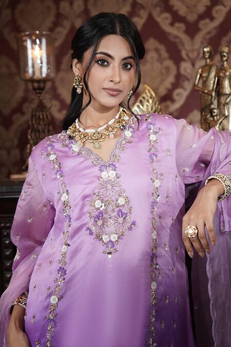 Buy_Surabhi Arya_Purple Organza, Modal, Satin Sequins, Beads, Floral Jaal Kurta Dhoti Pant Set 