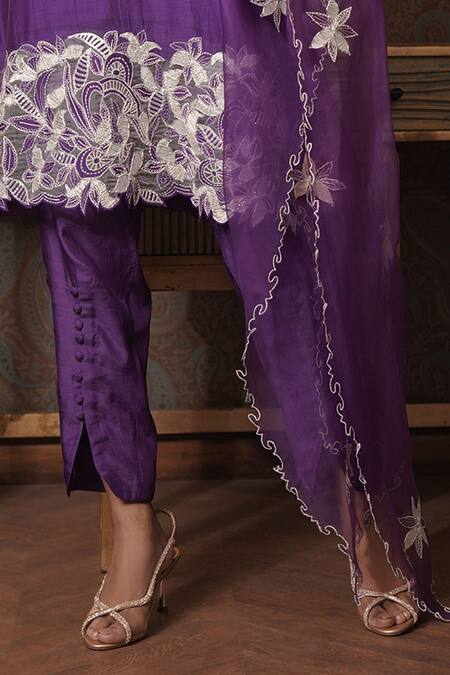 Surabhi Arya_Purple Chanderi, Organza, Muslin Embroidery Square Neck Thread Kurta Pant Set _Online_at_Aza_Fashions