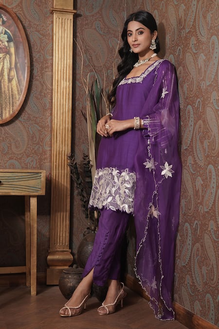 Shop_Surabhi Arya_Purple Chanderi, Organza, Muslin Embroidery Square Neck Thread Kurta Pant Set _Online_at_Aza_Fashions