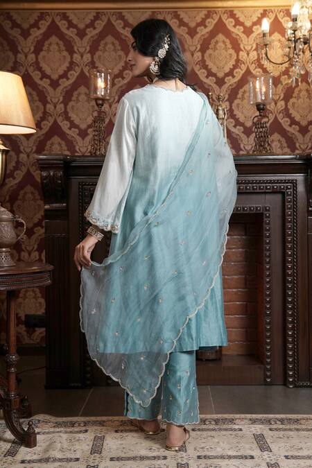 Shop_Surabhi Arya_Blue Chanderi Silk, Organza Sequins, Jaal Embroidered Ombre Kurta Pant Set _at_Aza_Fashions