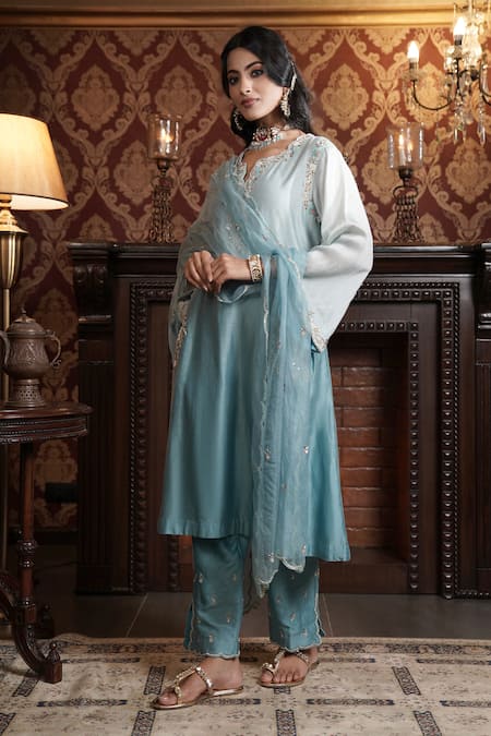 Buy_Surabhi Arya_Blue Chanderi Silk, Organza Sequins, Jaal Embroidered Ombre Kurta Pant Set _Online_at_Aza_Fashions