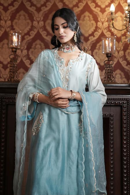 Shop_Surabhi Arya_Blue Chanderi Silk, Organza Sequins, Jaal Embroidered Ombre Kurta Pant Set _Online_at_Aza_Fashions