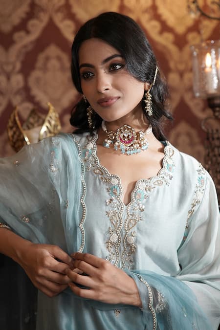 Surabhi Arya_Blue Chanderi Silk, Organza Sequins, Jaal Embroidered Ombre Kurta Pant Set _at_Aza_Fashions