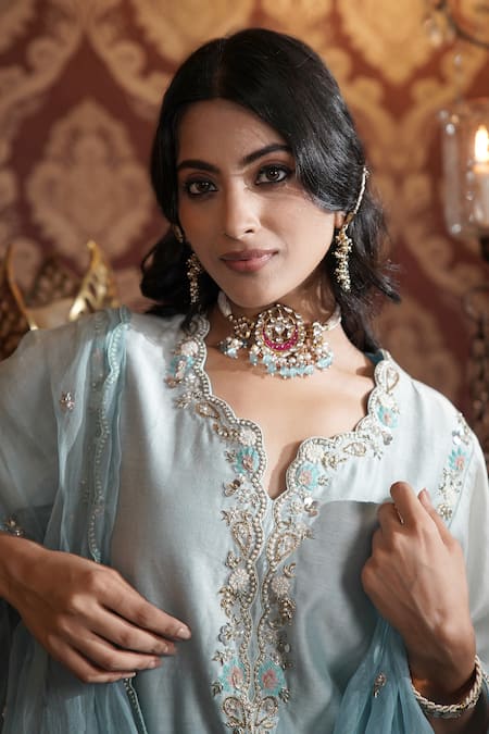 Buy_Surabhi Arya_Blue Chanderi Silk, Organza Sequins, Jaal Embroidered Ombre Kurta Pant Set 