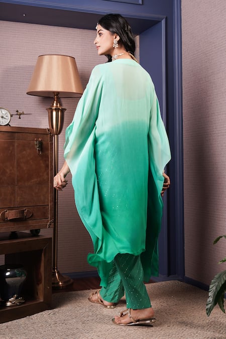 Shop_Surabhi Arya_Green Georgette, Chanderi Sequins, Embroidered Asymmetric Ombre Kaftan With Pant _at_Aza_Fashions