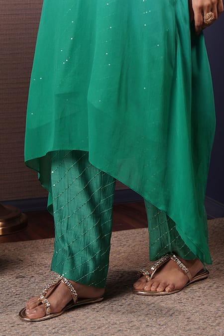 Buy_Surabhi Arya_Green Georgette, Chanderi Sequins, Embroidered Asymmetric Ombre Kaftan With Pant _Online_at_Aza_Fashions