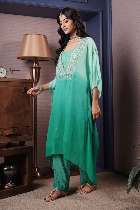 Shop_Surabhi Arya_Green Georgette, Chanderi Sequins, Embroidered Asymmetric Ombre Kaftan With Pant _Online_at_Aza_Fashions