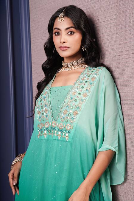Buy_Surabhi Arya_Green Georgette, Chanderi Sequins, Embroidered Asymmetric Ombre Kaftan With Pant 