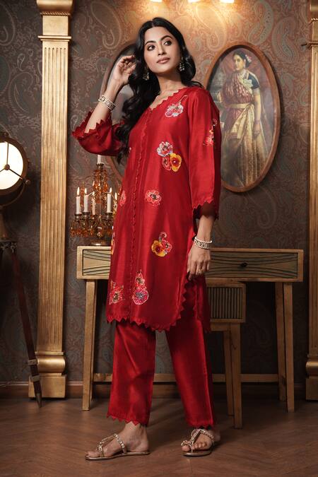 Shop_Surabhi Arya_Burgundy Bamboo, Silk Embroidery, Sequins V-neck Floral Pattern Kurta With Pant _Online_at_Aza_Fashions