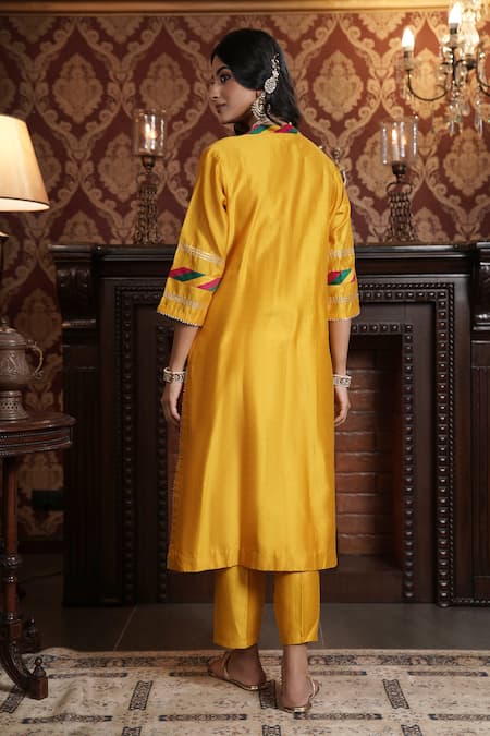 Shop_Surabhi Arya_Yellow Chanderi Silk Gota Patti Mandarin Collar Embellished Kurta With Pant _at_Aza_Fashions