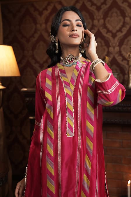 Buy_Surabhi Arya_Pink Chanderi Silk Gota Patti Mandarin Striped Embellished Kurta With Pant _Online_at_Aza_Fashions