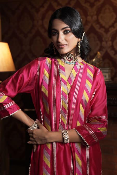 Shop_Surabhi Arya_Pink Chanderi Silk Gota Patti Mandarin Striped Embellished Kurta With Pant _Online_at_Aza_Fashions