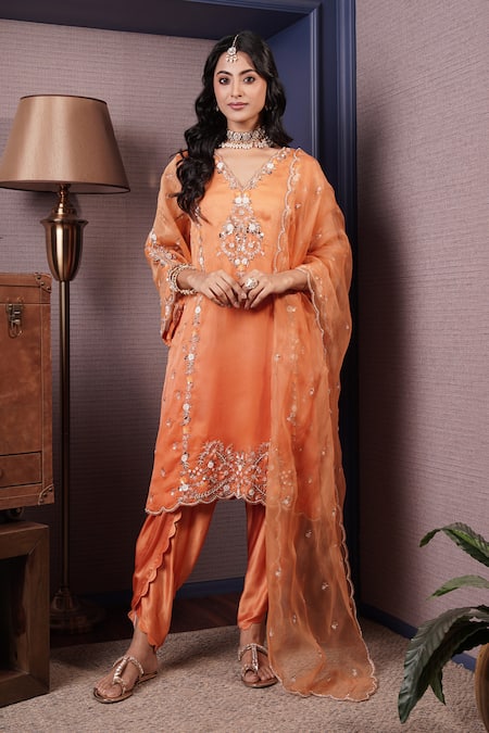 Surabhi Arya Orange Kurta And Dupatta Organza Embroidery Gul Ombre Dyed & Dhoti Pant Set 