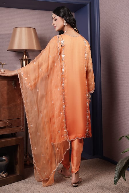 Shop_Surabhi Arya_Orange Organza, Modal, Satin Gul Embroidered Ombre Dyed Kurta And Dhoti Pant Set _at_Aza_Fashions