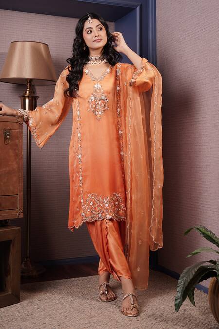 Buy_Surabhi Arya_Orange Organza, Modal, Satin Gul Embroidered Ombre Dyed Kurta And Dhoti Pant Set _Online_at_Aza_Fashions