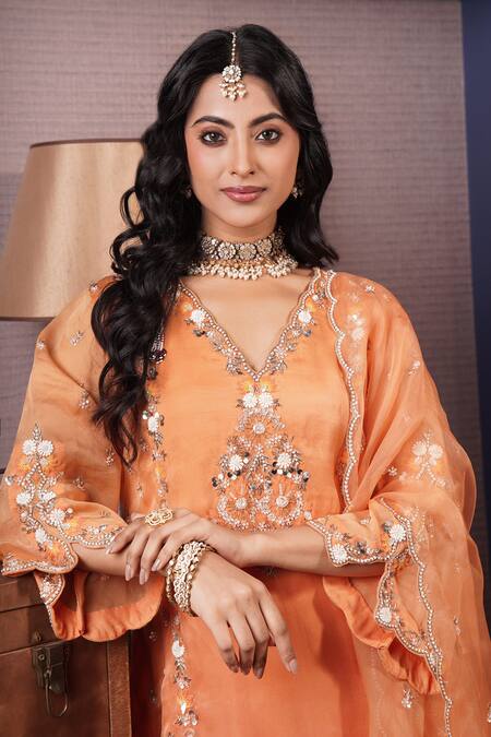 Shop_Surabhi Arya_Orange Organza, Modal, Satin Gul Embroidered Ombre Dyed Kurta And Dhoti Pant Set _Online_at_Aza_Fashions