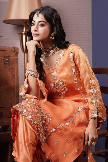 Buy_Surabhi Arya_Orange Organza, Modal, Satin Gul Embroidered Ombre Dyed Kurta And Dhoti Pant Set 