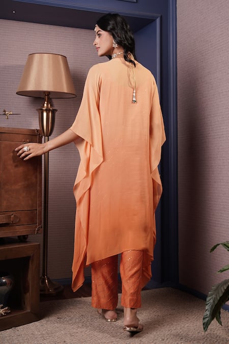 Shop_Surabhi Arya_Orange Georgette, Chanderi Blossom Yoke Embroidered Ombre Dyed Kaftan Set _at_Aza_Fashions