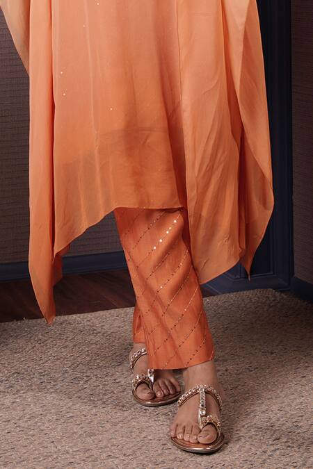 Surabhi Arya_Orange Georgette, Chanderi Blossom Yoke Embroidered Ombre Dyed Kaftan Set _Online_at_Aza_Fashions