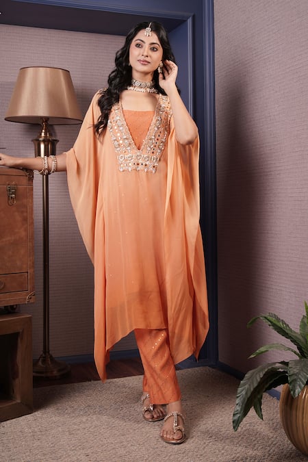 Buy_Surabhi Arya_Orange Georgette, Chanderi Blossom Yoke Embroidered Ombre Dyed Kaftan Set _Online_at_Aza_Fashions