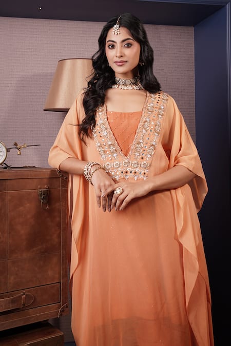 Shop_Surabhi Arya_Orange Georgette, Chanderi Blossom Yoke Embroidered Ombre Dyed Kaftan Set _Online_at_Aza_Fashions