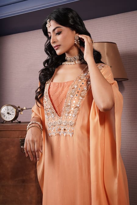 Surabhi Arya_Orange Georgette, Chanderi Blossom Yoke Embroidered Ombre Dyed Kaftan Set _at_Aza_Fashions