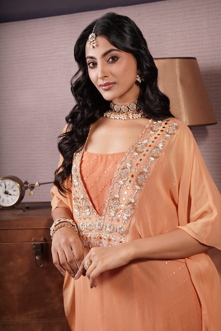 Buy_Surabhi Arya_Orange Georgette, Chanderi Blossom Yoke Embroidered Ombre Dyed Kaftan Set 