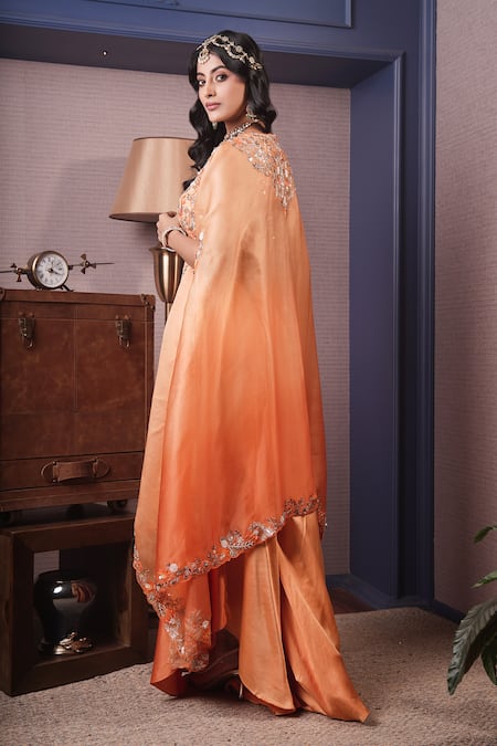 Shop_Surabhi Arya_Orange Modal, Organza, Satin Cut Work, Bahar Ombre Dyed Cape And Afghani Pant Set _at_Aza_Fashions