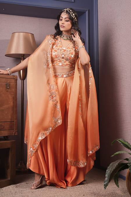 Buy_Surabhi Arya_Orange Modal, Organza, Satin Cut Work, Bahar Ombre Dyed Cape And Afghani Pant Set _Online_at_Aza_Fashions