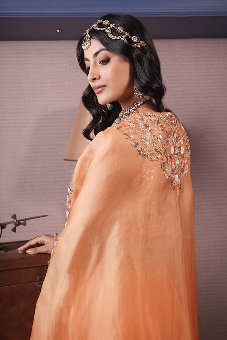 Buy_Surabhi Arya_Orange Modal, Organza, Satin Cut Work, Bahar Ombre Dyed Cape And Afghani Pant Set 