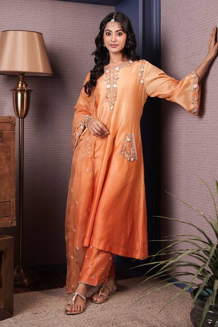Surabhi Arya_Orange Chanderi Silk, Organza Sequins, Gullista Ombre Dyed Kurta Pant Set _Online_at_Aza_Fashions