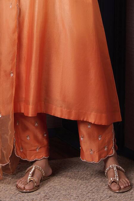 Buy_Surabhi Arya_Orange Chanderi Silk, Organza Sequins, Gullista Ombre Dyed Kurta Pant Set _Online_at_Aza_Fashions