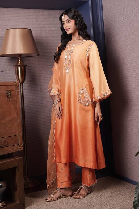 Shop_Surabhi Arya_Orange Chanderi Silk, Organza Sequins, Gullista Ombre Dyed Kurta Pant Set _Online_at_Aza_Fashions