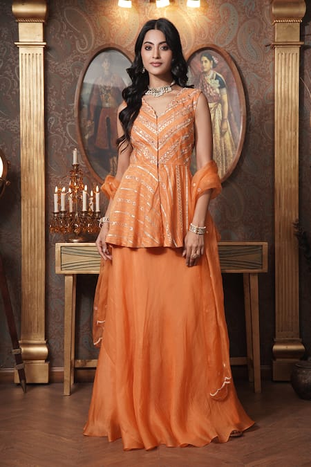 Surabhi Arya Orange Peplum Kurti Mul Chanderi Embroidery Thread V Phool Vine And Skirt Set 