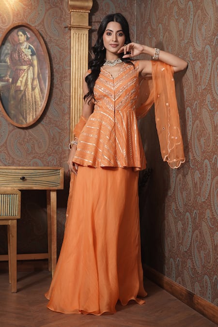 Shop_Surabhi Arya_Orange Chanderi, Organza Embroidery, Phool Vine Peplum Kurti And Skirt Set _Online_at_Aza_Fashions