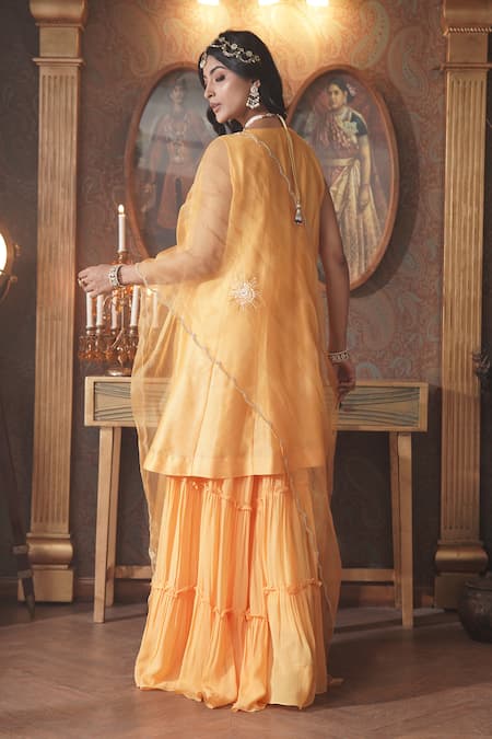 Shop_Surabhi Arya_Yellow Chanderi Silk, Organza Cut Work, Sequins, Flora Kurta Gharara Set _at_Aza_Fashions