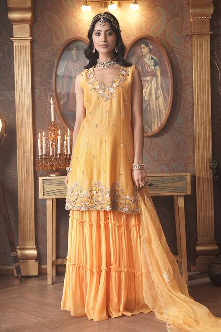 Surabhi Arya_Yellow Chanderi Silk, Organza Cut Work, Sequins, Flora Kurta Gharara Set _Online_at_Aza_Fashions