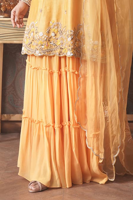 Buy_Surabhi Arya_Yellow Chanderi Silk, Organza Cut Work, Sequins, Flora Kurta Gharara Set _Online_at_Aza_Fashions