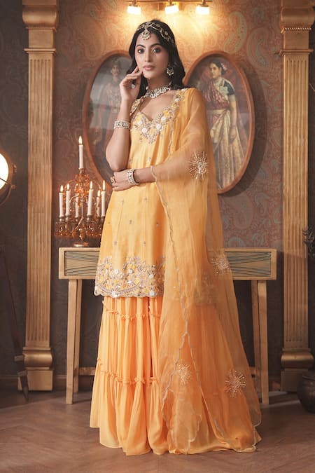 Shop_Surabhi Arya_Yellow Chanderi Silk, Organza Cut Work, Sequins, Flora Kurta Gharara Set _Online_at_Aza_Fashions