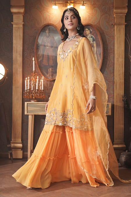 Surabhi Arya_Yellow Chanderi Silk, Organza Cut Work, Sequins, Flora Kurta Gharara Set _at_Aza_Fashions