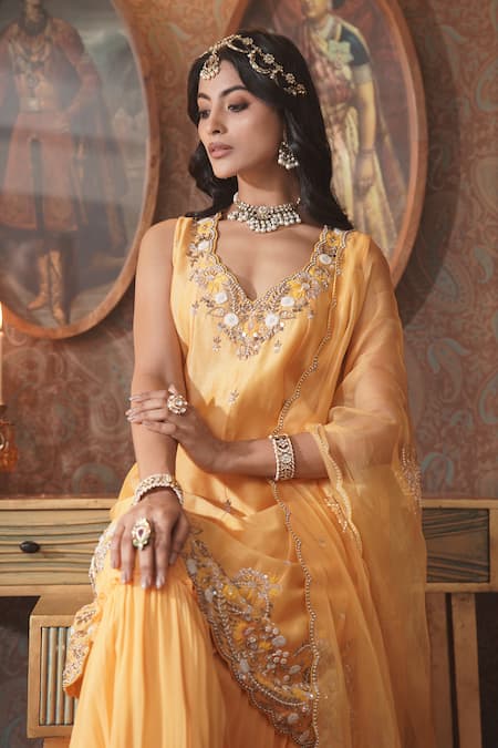 Buy_Surabhi Arya_Yellow Chanderi Silk, Organza Cut Work, Sequins, Flora Kurta Gharara Set 